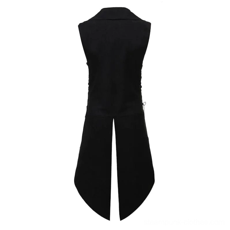 Plague doctor steampunk vest back view showing curved split tail hem and hidden side drawstring details