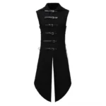Black plague doctor steampunk vest front view, sleeveless gothic long coat with leather buckle fasteners and high collar