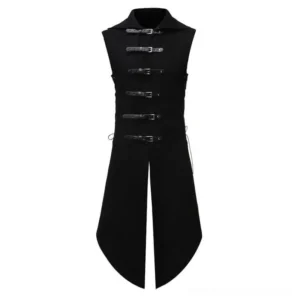 Black plague doctor steampunk vest front view, sleeveless gothic long coat with leather buckle fasteners and high collar