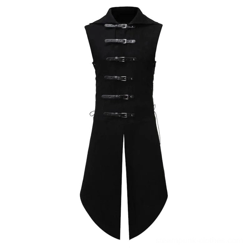 Black plague doctor steampunk vest front view, sleeveless gothic long coat with leather buckle fasteners and high collar