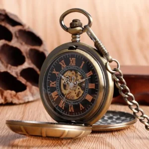 Hunter-case steampunk pocket watch with cover opened, showing brushed bronze metal, red Roman numerals, and exposed mechanical movement