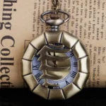 Prehistoric steampunk pocket watch front view with hollow carved claw-shaped cover and polygonal bronze case on vintage newspaper backdrop