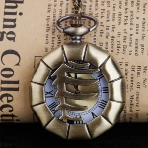Prehistoric steampunk pocket watch front view with hollow carved claw-shaped cover and polygonal bronze case on vintage newspaper backdrop