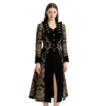 Premium black steampunk coat for women with gold embroidery, front full-body view on model, featuring gold buttons, jacquard damask pattern, and velvet trims against white studio background