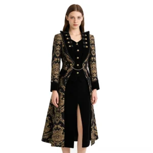 Premium black steampunk coat for women with gold embroidery, front full-body view on model, featuring gold buttons, jacquard damask pattern, and velvet trims against white studio background