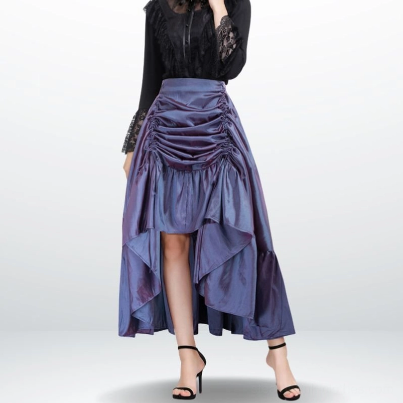 Iridescent purple high-low steampunk skirt with front drawstring ruching and asymmetrical hem detail