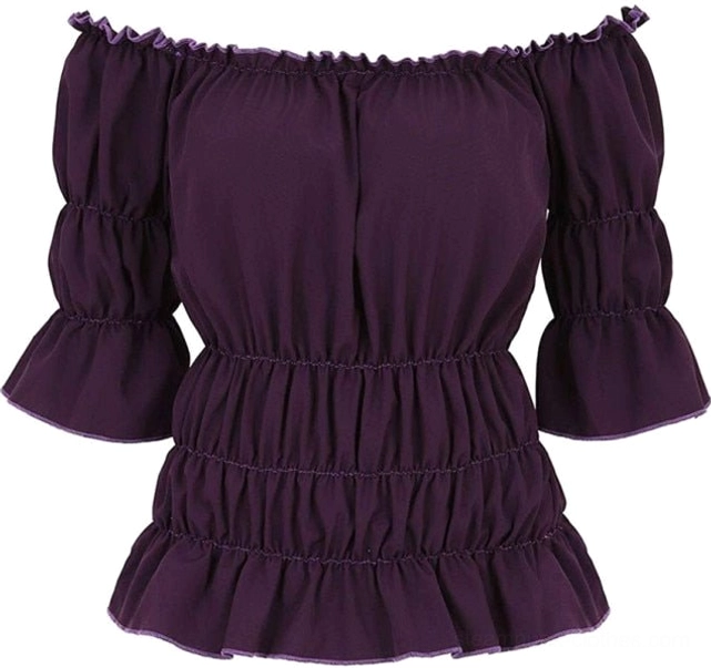 Deep purple Victorian-inspired steampunk blouse with ruffled cuffs and ruched waist flat display