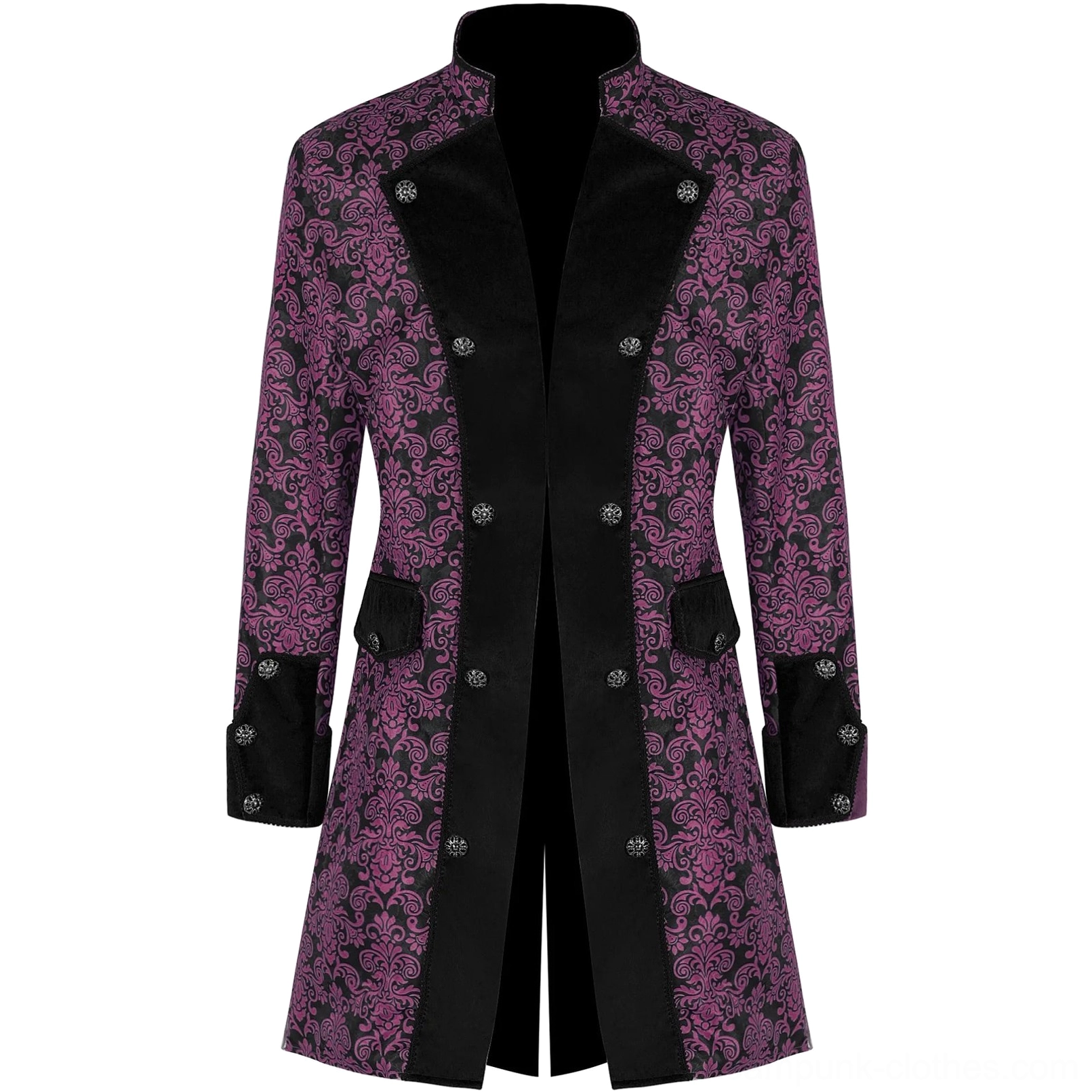 Purple black velvet steampunk long coat front display, purple damask pattern with black velvet contrast trim and decorative buttons