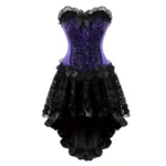 Purple-black steampunk strapless corset dress with lace trim, front bow detail, and high-low ruffled lace skirt – front view