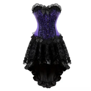 Purple-black steampunk strapless corset dress with lace trim, front bow detail, and high-low ruffled lace skirt – front view