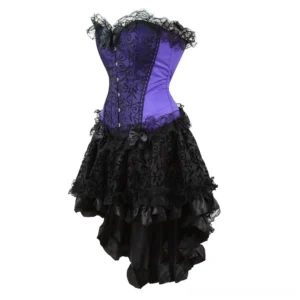 Purple-black steampunk corset dress with button-front detail, layered lace skirt, and lace-trimmed bodice – front facing view