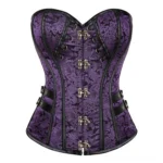 Purple steampunk corset front view with metal claw clasps and floral jacquard pattern