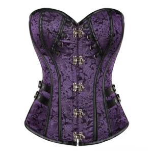 Purple steampunk corset front view with metal claw clasps and floral jacquard pattern