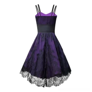 Purple steampunk lace dress back view, displaying double spaghetti strap construction, black waist panel, and flowing lace skirt