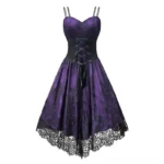 Purple steampunk dress with black lace front view, showing sweetheart neckline, spaghetti straps, lace-up corset detail, and scalloped lace hem