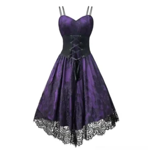 Purple steampunk dress with black lace front view, showing sweetheart neckline, spaghetti straps, lace-up corset detail, and scalloped lace hem