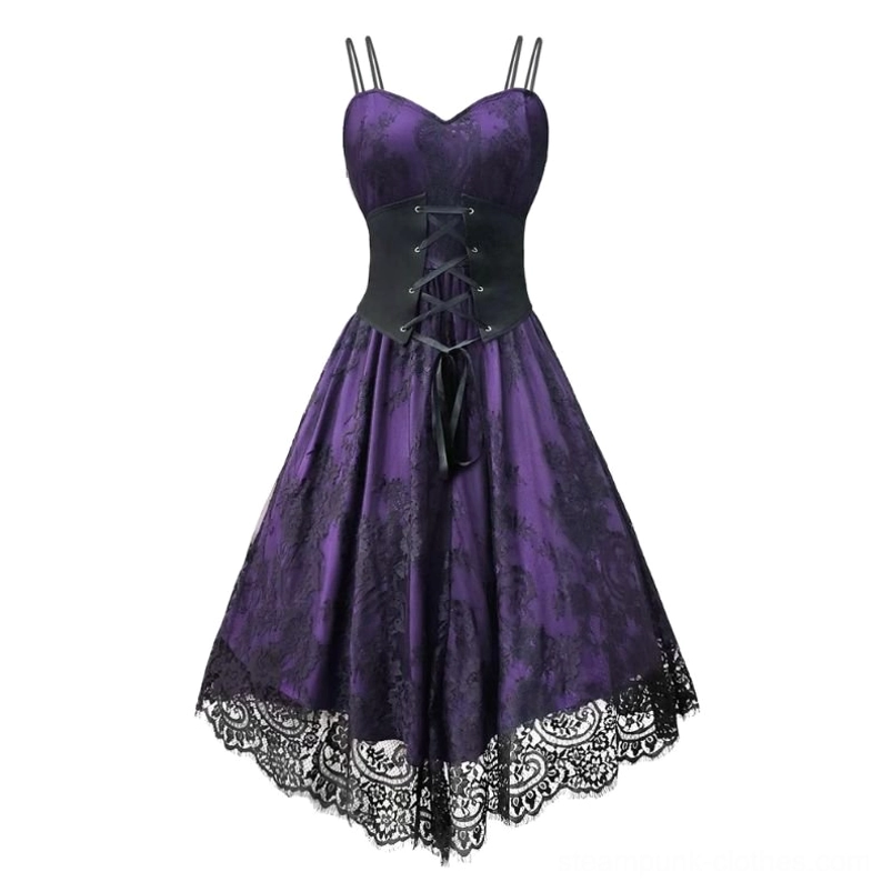 Purple steampunk dress with black lace front view, showing sweetheart neckline, spaghetti straps, lace-up corset detail, and scalloped lace hem