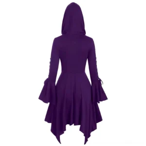 Purple steampunk hooded dress back view showing fitted waist and irregular handkerchief hem