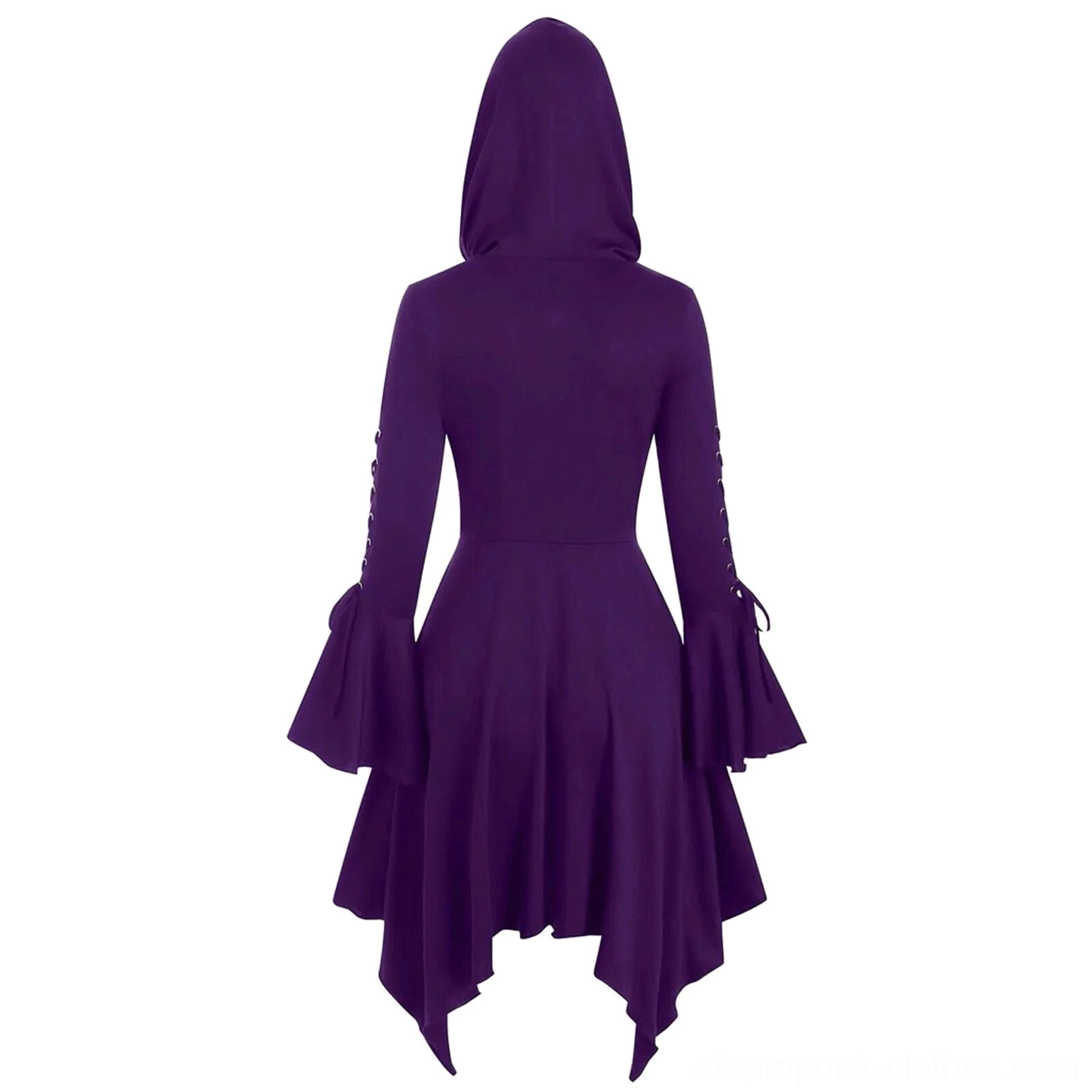 Purple steampunk hooded dress back view showing fitted waist and irregular handkerchief hem
