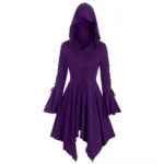 Purple steampunk hooded dress front view with bell sleeves and metal eyelet lace-up cuffs