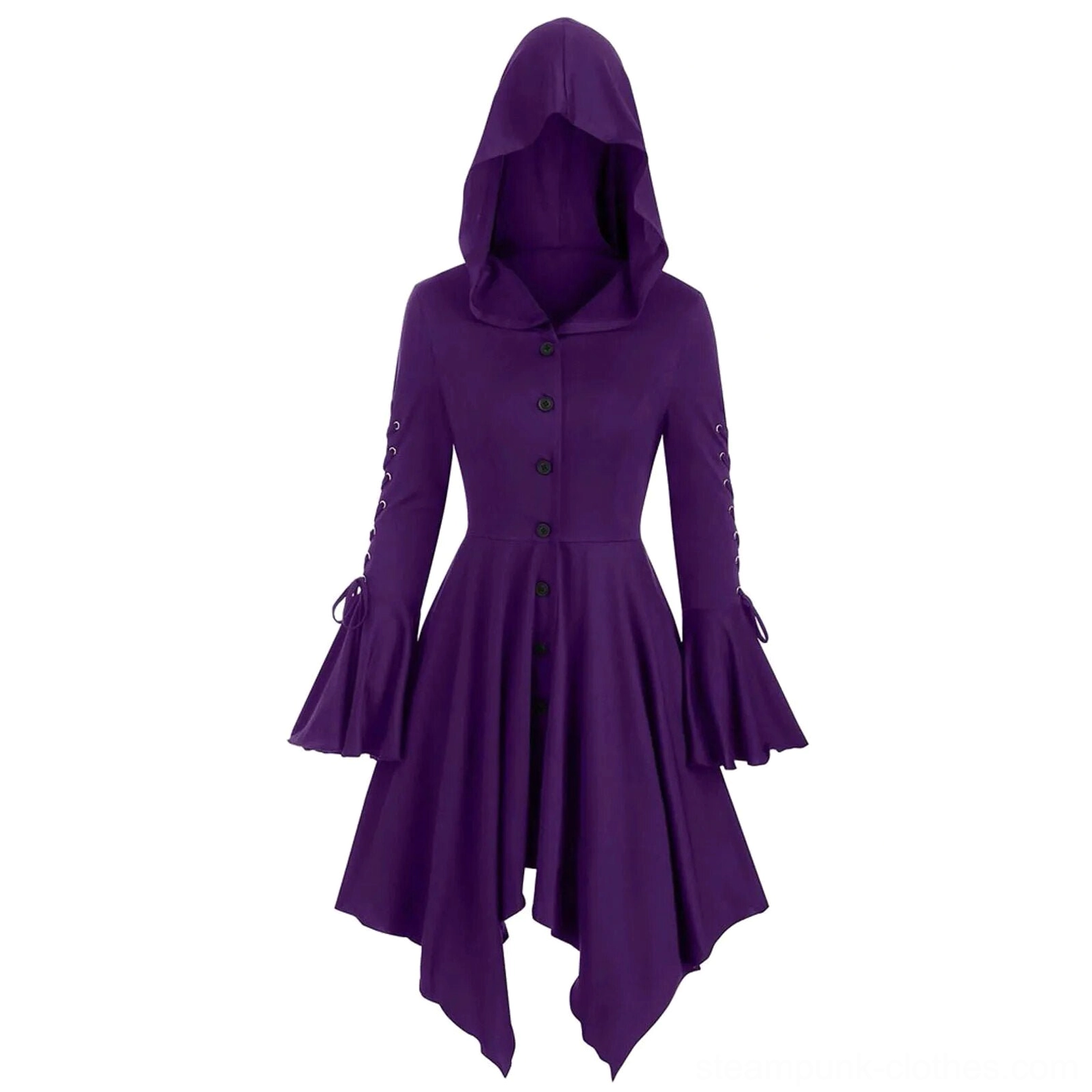 Purple steampunk hooded dress front view with bell sleeves and metal eyelet lace-up cuffs