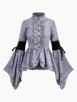 Purple steampunk ruffled blouse front full view - dusty purple marbled fabric with ruffled stand collar and lace-up flare sleeves