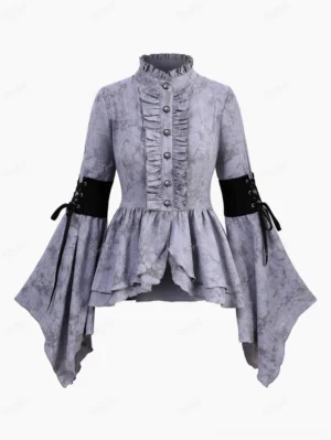 Purple steampunk ruffled blouse front full view - dusty purple marbled fabric with ruffled stand collar and lace-up flare sleeves