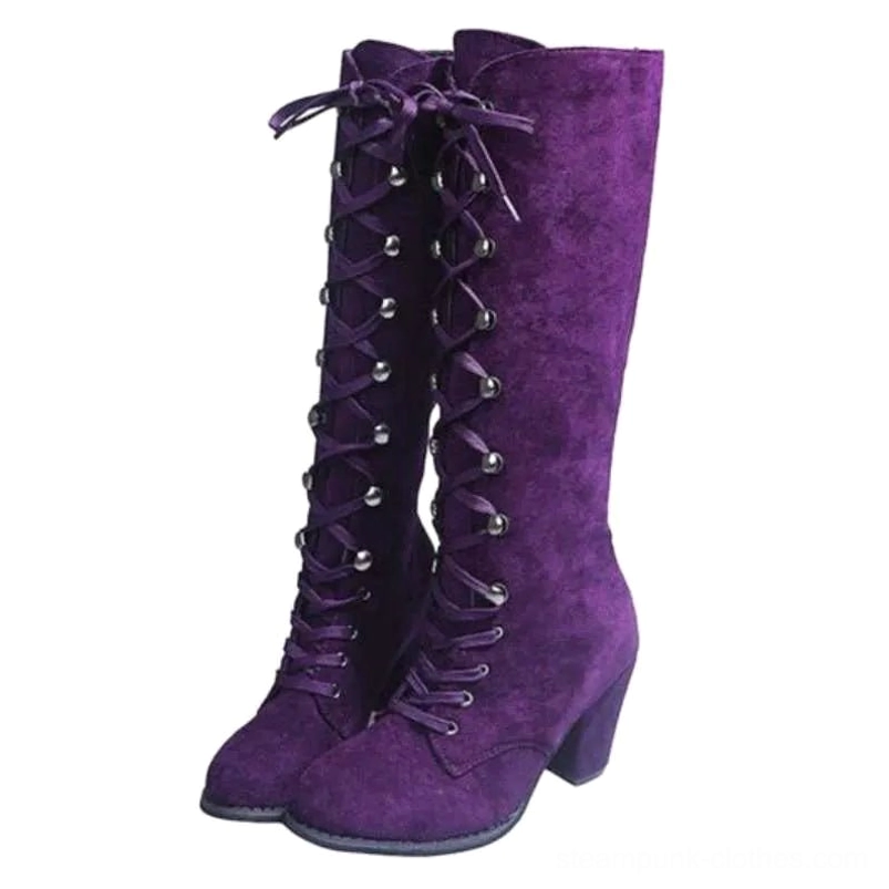 Purple suede steampunk boots product shot on white background, displaying metal eyelets, block heel, lace-up front closure, and rounded toe
