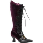 Purple velvet steampunk witch boots with black leather accents, adjustable lace-up front, knee-high cut with gold-tone buckle details, showing left profile view on white background