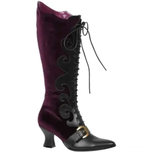 Purple velvet steampunk witch boots with black leather accents, adjustable lace-up front, knee-high cut with gold-tone buckle details, showing left profile view on white background