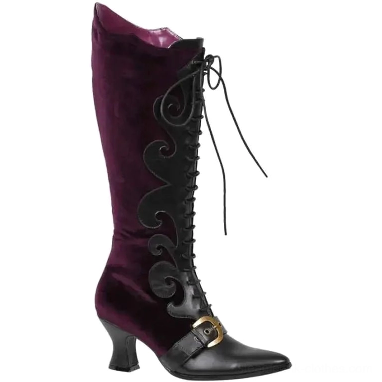 Purple velvet steampunk witch boots with black leather accents, adjustable lace-up front, knee-high cut with gold-tone buckle details, showing left profile view on white background
