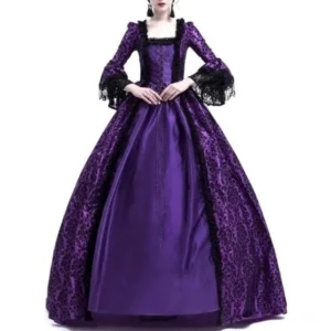 Purple Victorian steampunk ball gown with floral jacquard overskirt, black lace details, and dramatic bell sleeves - full length