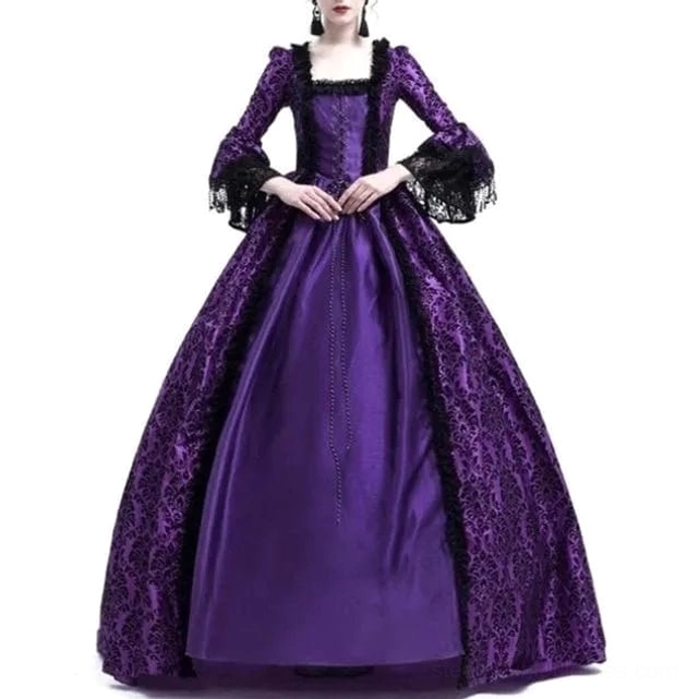 Purple Victorian steampunk ball gown with floral jacquard overskirt, black lace details, and dramatic bell sleeves - full length