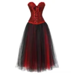 Red and black steampunk corset tutu gown with lace corset top and layered tulle skirt - front view on white background