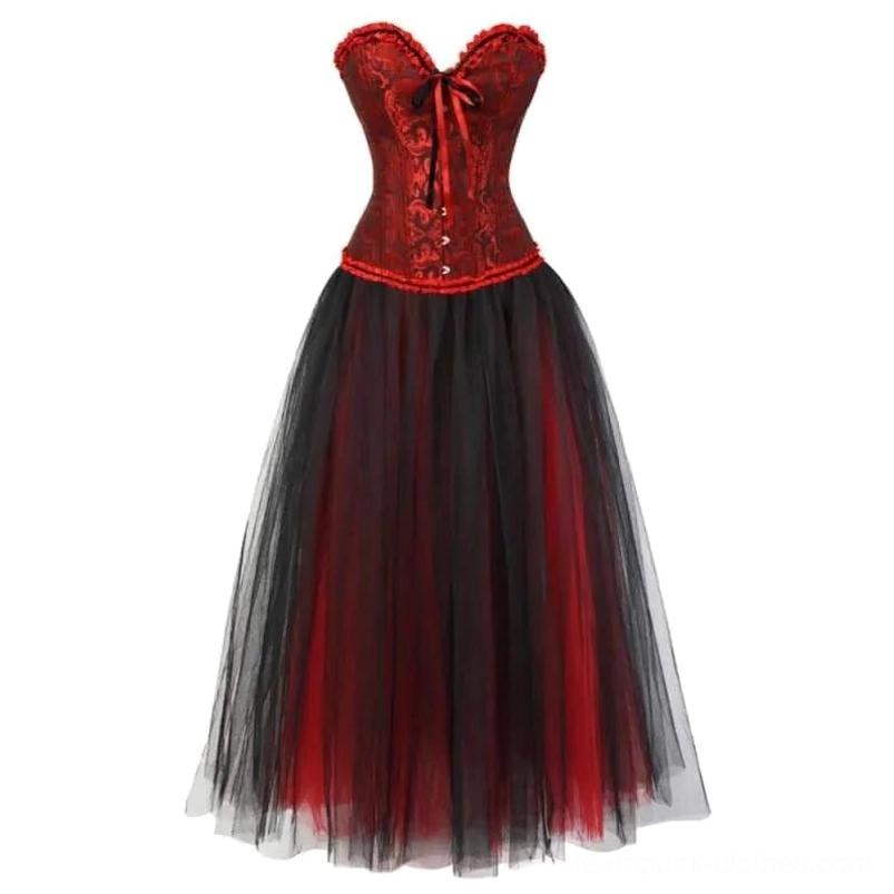 Red and black steampunk corset tutu gown with lace corset top and layered tulle skirt - front view on white background