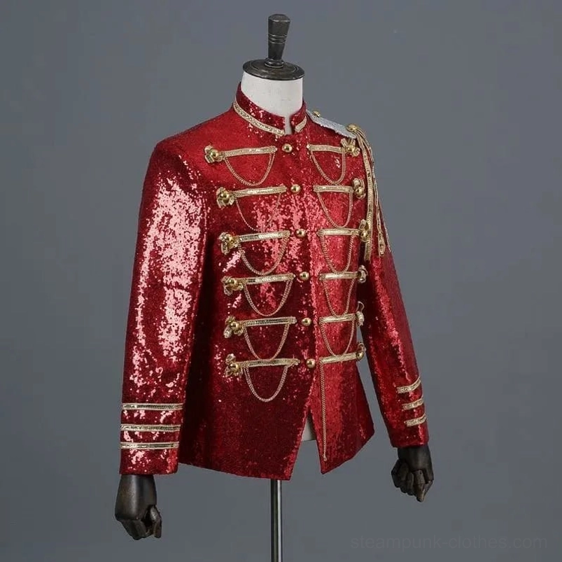 Red steampunk sequin jacket three-quarter front angle with shiny red sequin surface and gold decorations
