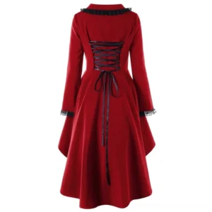 Red steampunk coat back display showing detailed corset lace-up closure with black ribbons and elegant black lace collar trim - rear view on white background