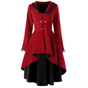 Red steampunk coat with asymmetrical high-low hem, black lace trim, front button closure, and adjustable corset lacing back - front view display on white background