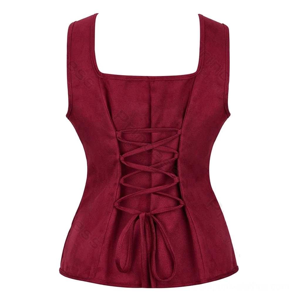 Red burgundy steampunk corset back flat lay demonstrating back lace-up closure and structured silhouette