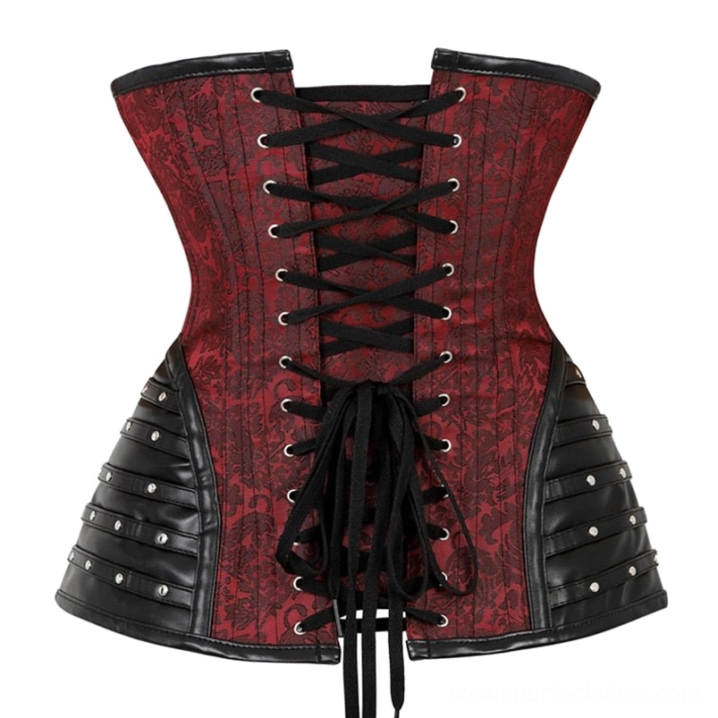 Red steampunk corset back view with adjustable lace-up closure and wine red jacquard contrast