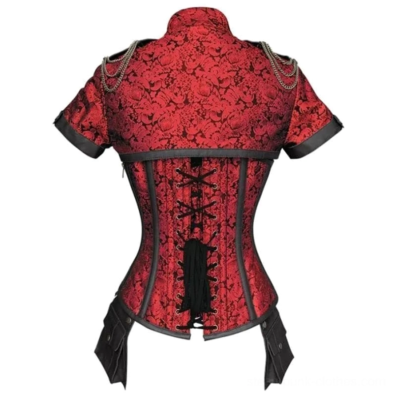 Back view red steampunk corset displaying lace-up closure and black leather trim