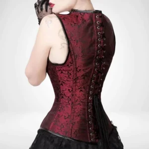 Red steampunk corset back view showing adjustable lace-up closure with tassel drawstring detail and curved hemline