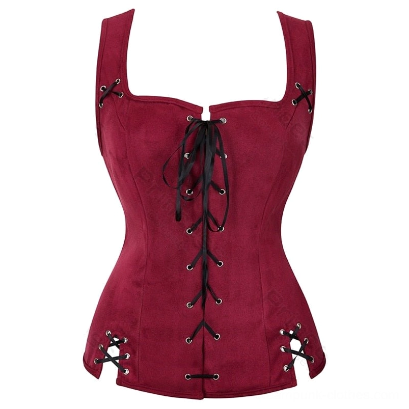 Red burgundy steampunk corset front flat lay showing fitted waist and front lace-up fastening system