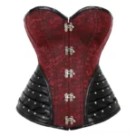 Red steampunk corset front view with wine red jacquard and black faux leather metal claw buckles