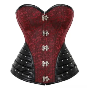 Red steampunk corset front view with wine red jacquard and black faux leather metal claw buckles