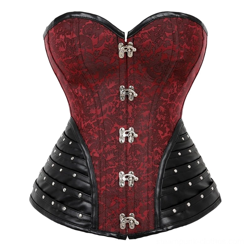 Red steampunk corset front view with wine red jacquard and black faux leather metal claw buckles