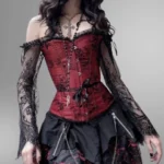 Red steampunk corset with black floral lace overlay, off-shoulder design with lace mesh sleeves, front view on model