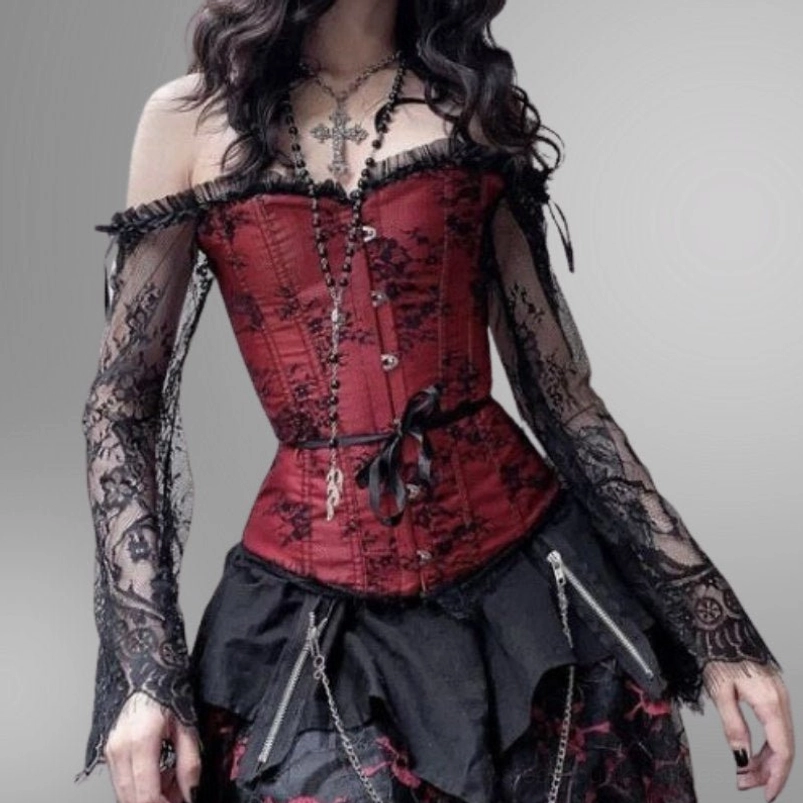 Red steampunk corset with black floral lace overlay, off-shoulder design with lace mesh sleeves, front view on model
