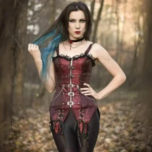 Red steampunk corset with burgundy-black stripes, lace trim, metal buckles and chains worn by female model outdoors