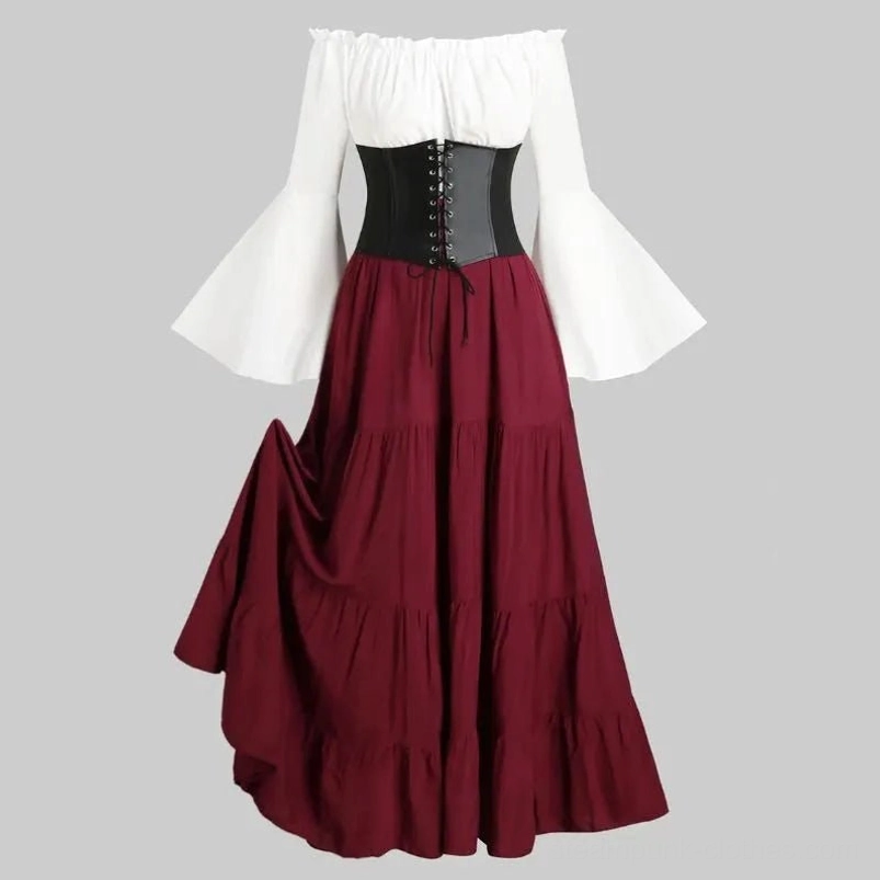 Wine red steampunk damsel dress with white off-shoulder top and lace-up black corset, flat lay product shot on neutral background